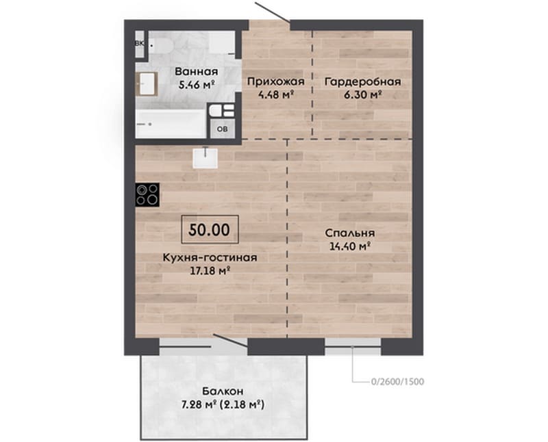 Планировка двухкомнатной квартиры в новом ситихаусе 6.9 в Зелёной гавани