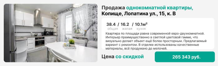 Однокомнатная квартира в Копище ул. Лопатина 15 к. В