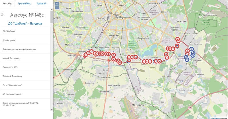 Схема движения автобусного маршрута №148С «Ландера – Шабаны»