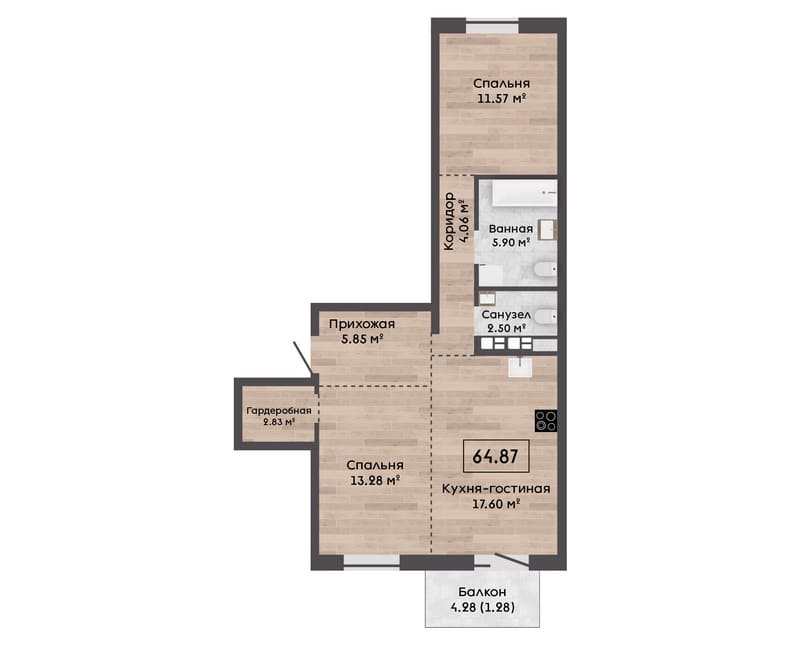 Трехкомнатная квартира 64,87 кв.м. с отделкой white Box стоимостью $114 484 в Зелёной Гавани