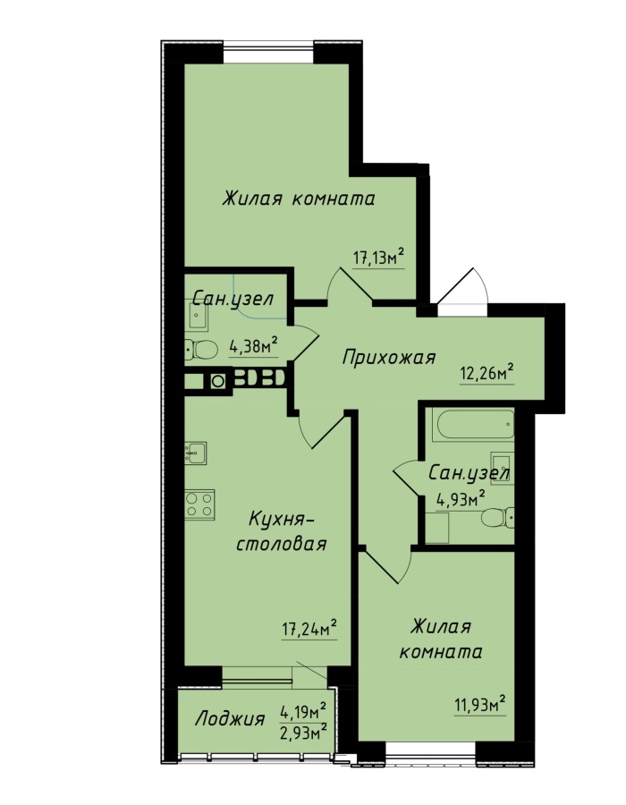 планировка 2-комнатной квартиры в ЖК «Волмянский шлях» в Колодищах