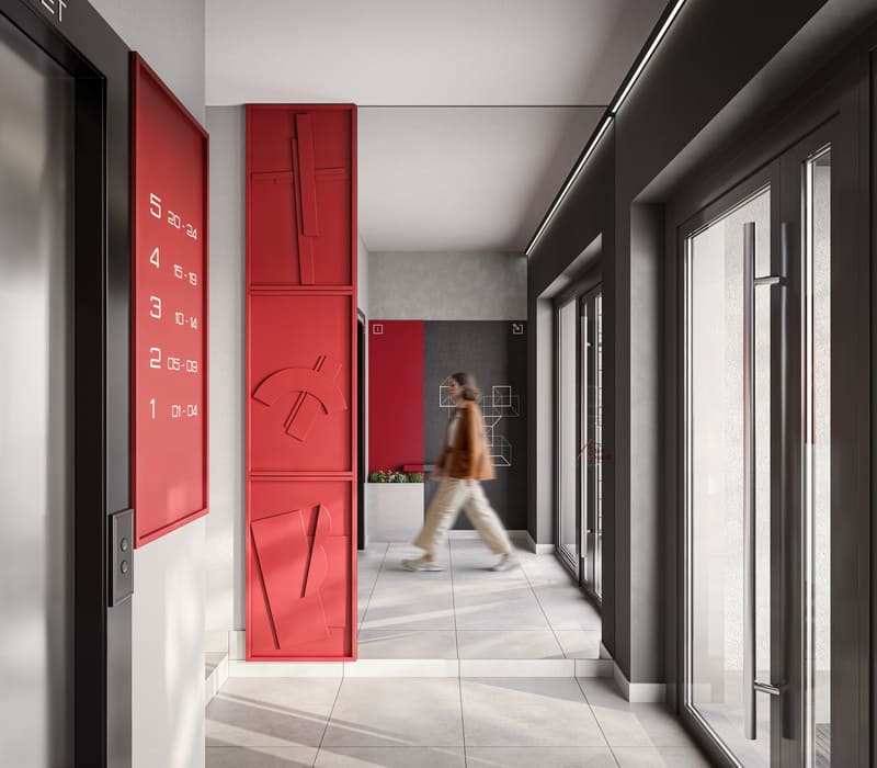 Подъезд в доме в стиле конструктивизм в Новой Боровой