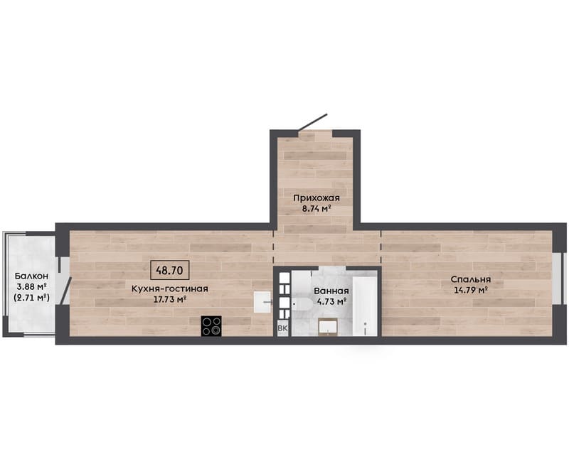 Двухкомнатная квартира 48,70 кв.м. стоимостью $ 96 621 в эквиваленте в Зелёной Гавани