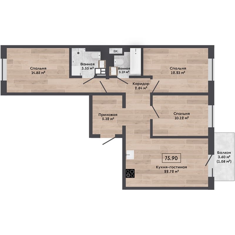 Четырехкомнатная квартира с отделкой white Box 75,9 кв.м. стоимостью $152 939 в эквиваленте